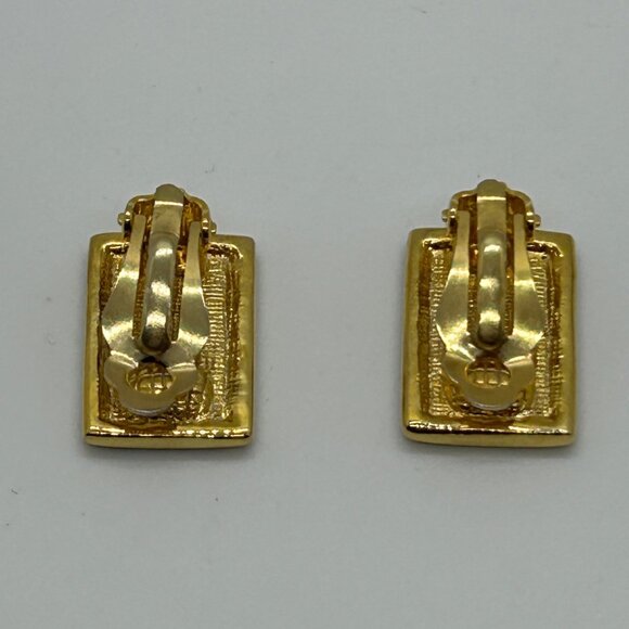 Vintage Gold & Black  Earrings Enamel Greek Key Clip-On 1980s Designer Statement - Picture 6 of 14